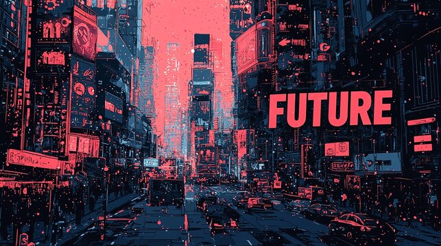 A bustling city scene painted in bold shades of red and blue, encapsulating the essence of a future metropolis with its vibrant, dynamic urban style.