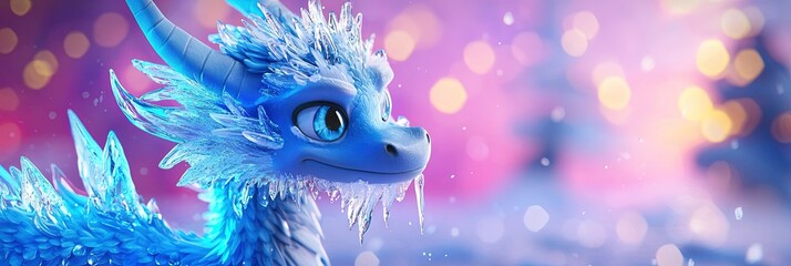Fototapeta premium 3D animated cartoon of blue dragon breathing ice