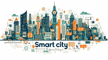 Obraz premium A colorful illustration of a smart city concept, featuring diverse architectural elements and digital icons, emphasizing urban innovation and connectivity.