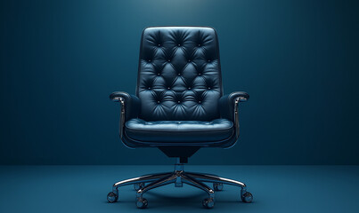 A black leather office chair isolated on a blue background
