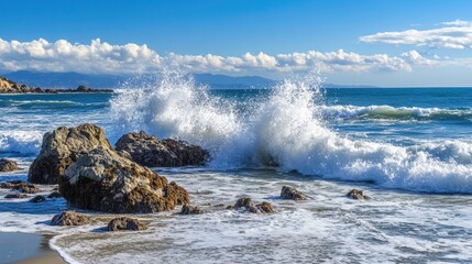 Obraz premium Waves Crashing on Rocky Shoreline Under Blue Sky