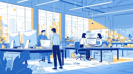 Obraz premium A modern open office layout with employees engaged in discussion and work, highlighting teamwork and productivity in a bright and structured environment.