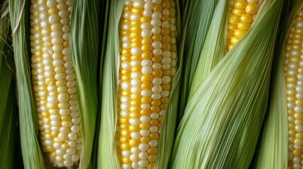 Close-up of a bunch of corn cobs, their vibrant yellow kernels and green husks. This image captures the essence of harvest and agriculture, the natural beauty of fresh produce.