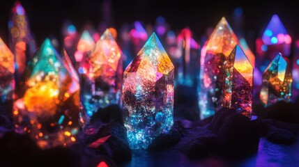 An otherworldly crystal formation that pulses with internal bioluminescence,  iridescent facets that refract light in vibrant, impossible colors. 