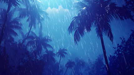Obraz premium Palm trees swaying in heavy tropical storm. Tropical Rainstorm. Illustration
