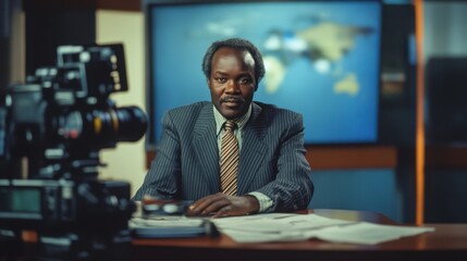 An African American old news anchor in a suit, seated at a desk with camera filmed him