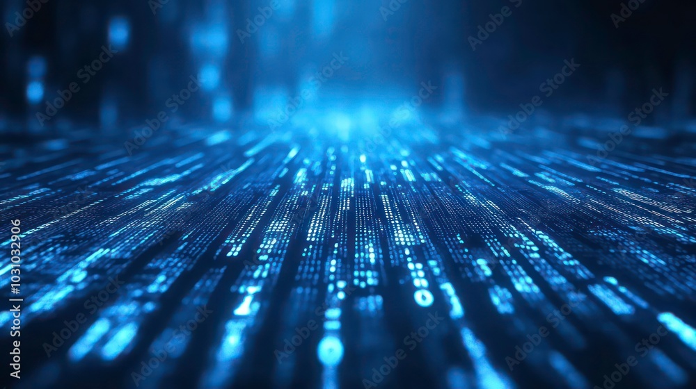 Poster Abstract blue digital background with lines of binary code converging towards a bright light in the distance.