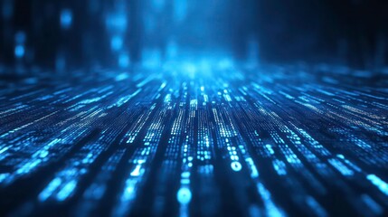 Abstract blue digital background with lines of binary code converging towards a bright light in the distance.