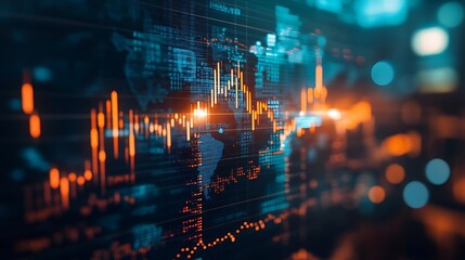 Obraz premium An overhead view of a world map with stock market charts and graphs superimposed, representing the dynamic movement of international markets.