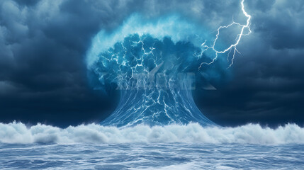 A mesmerizing depiction of a magnificent Tsunami Wave rising from a Column of Water under striking Lightning devastating a once calm landscape below.