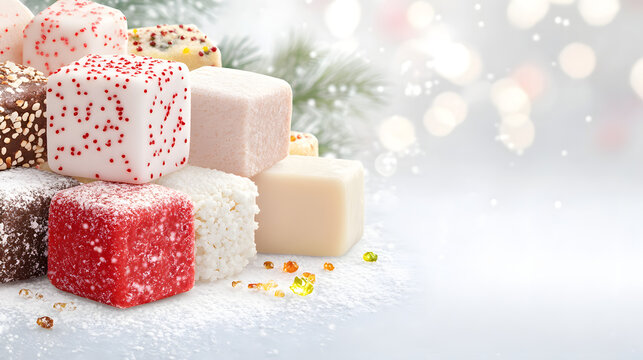 Captivating Array of Differently Flavored Halva Briquettes Set Against a Soft, Advent Inspired Monochrome Background