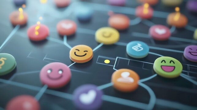 A network of colorful emojis connected by lines, representing social connections and interactions.