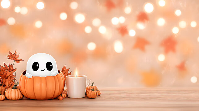 An inviting autumnal illustration featuring a quirky ghost in a pumpkin with festive elements, radiating Halloween joy and warmth