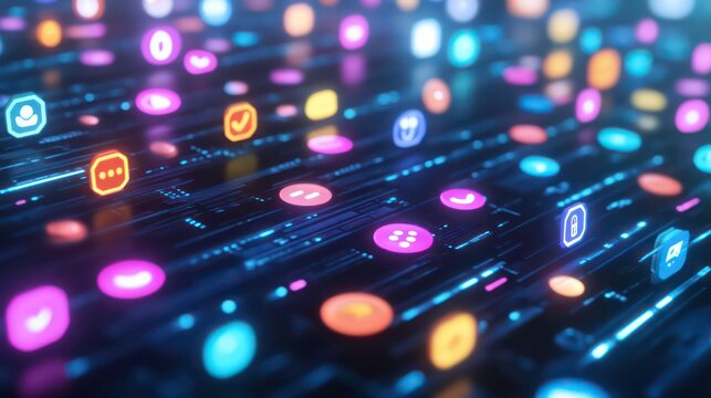 A futuristic abstract background with glowing colorful social media icons on a digital circuit board.