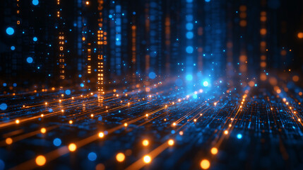 Abstract digital background with glowing data points and circuit board elements on a dark blue