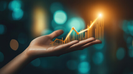 Hand holding a rising arrow symbolizing growth and success against a natural backdrop at sunset