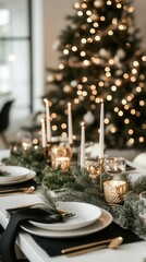 A luxuriously decorated Christmas table, ready for festive celebrations. Featuring elegant candles, ornaments, and dinnerware, this image is perfect for holiday event services and caterers."