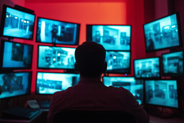 Man watching multiple security cameras.