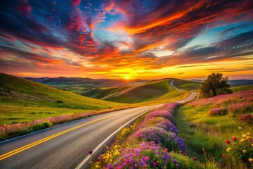 Winding Country Road at Sunset with Vibrant Sky and Wildflowers - Scenic Landscape Photography