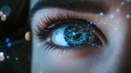 Close up of a woman's eye with a digital network overlay, representing the digital world and its connection to the human brain.