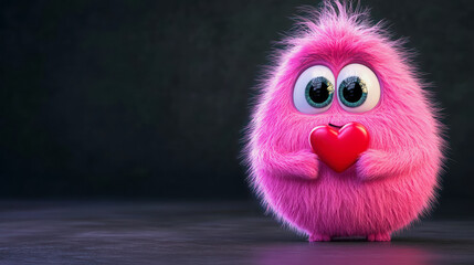 Fototapeta premium A fluffy pink monster holding a red heart with sparkling eyes in a dimly lit setting, showcasing charm and warmth