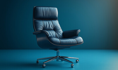 A black leather office chair isolated on a blue background