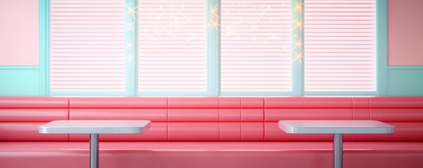 A cozy, retro-style 1950s diner booth under sparkle stars, dreamy twilight filtering through the windows, and a soft neon glow