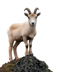 Obraz premium Mountain goat standing on a rocky surface with curved horns, on a transparent background