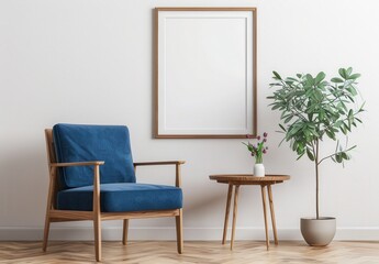 ブルーのアームチェア、木製のサイドテーブル、額装されたアート作品、鉢植えが置かれた居心地のよいリビングルームのインテリア。
