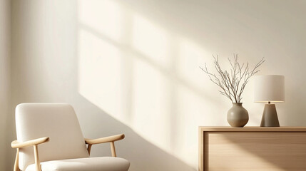Minimalist Interior with Soft Natural Lighting and Copy Space A stylish beige chair sits adjacent to a wooden console table with a modern ceramic lamp and a delicate vase of branch