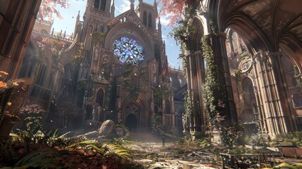 Overgrown Gothic Cathedral with a Stained Glass Window