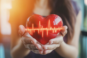 A person holds a vibrant red heart symbolizing love and life surrounded by nature