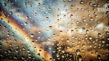Raindrops cling to a glass surface, blurring the view of a vibrant rainbow against a cloudy sky. The sunlight subtly enhances the colors, creating a serene and reflective atmosphere.AI generated.
