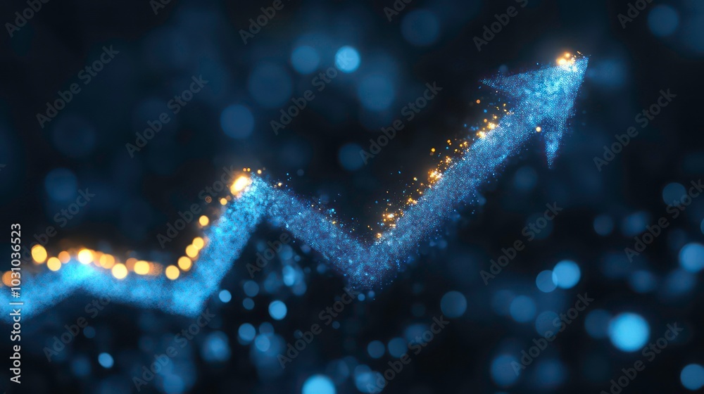 Wall mural an upward blue arrow made of light particles on a dark background with bokeh effect.