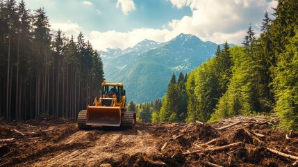 Naklejka premium A yellow bulldozer drives through a forest clearing in the mountains.