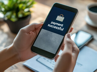 Successful mobile payment confirmation with a laptop and plant in a modern workspace