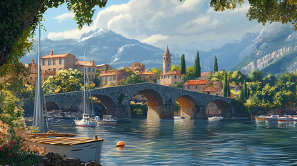 Serene french town surrounded by tranquil waters, majestic stone bridge, and lush greenery, exuding a sense of historic charm and picturesque elegance. Majestic Fjord. Illustration