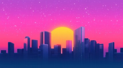 Fototapeta premium Retro-futuristic skyline at sunrise, sparkle stars fading into a dreamy purple sky, with chrome and glass buildings reflecting soft light
