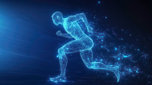 Abstract digital illustration of a man running, composed of glowing blue particles on a dark background.