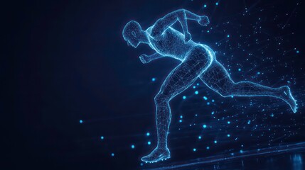 A digital rendering of a runner in motion, composed of glowing lines and particles, against a dark background.