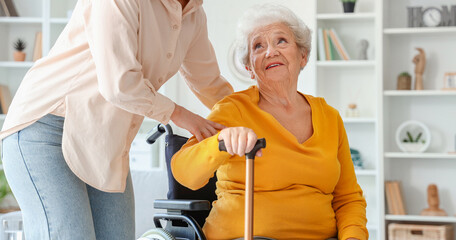 Senior woman in wheelchair with stick and her daughter at home