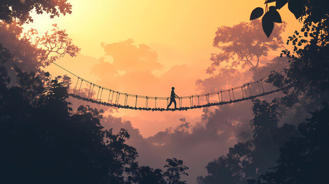 Fototapeta Silhouette of person walking on rope bridge across misty jungle canopy at sunset. concept of adventure, travel, nature, and exploration. Misty Jungle. Illustration