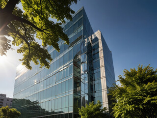 A contemporary office building with reflective glass windows and lush green trees surrounding it, basking in sunlight