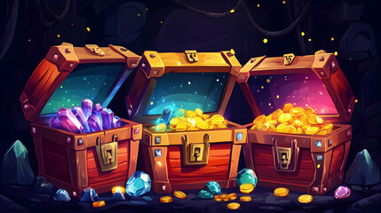 Obraz premium Colorful treasure chests filled with gems and gold, cartoon style, illustration -
