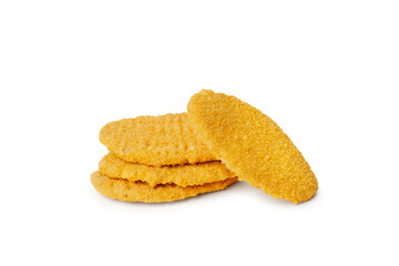 Breaded soy burgers on a white background with copy space