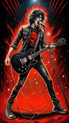 Rock musician performing with electric guitar in a dramatic pose, vibrant artistic illustration
