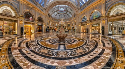 Ornate Interior of a Grand Shopping Mall with a Circular Mosaic Floor and a Glass Dome Ceiling