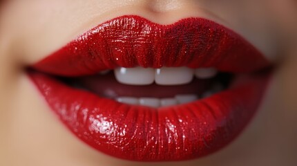 Obraz premium Close-up of shimmering red lips showcasing a glossy finish and bright white teeth highlighting beauty and confidence