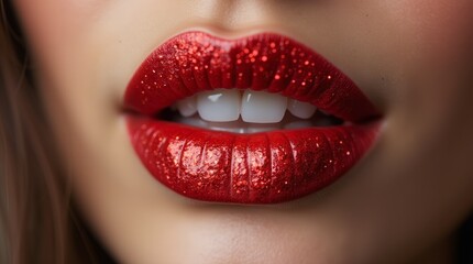 Fototapeta premium Close-up of shimmering red lips showcasing a glossy finish and bright white teeth highlighting beauty and confidence