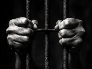 Capturing the essence of despair as hands grip iron bars in a dimly lit prison cell